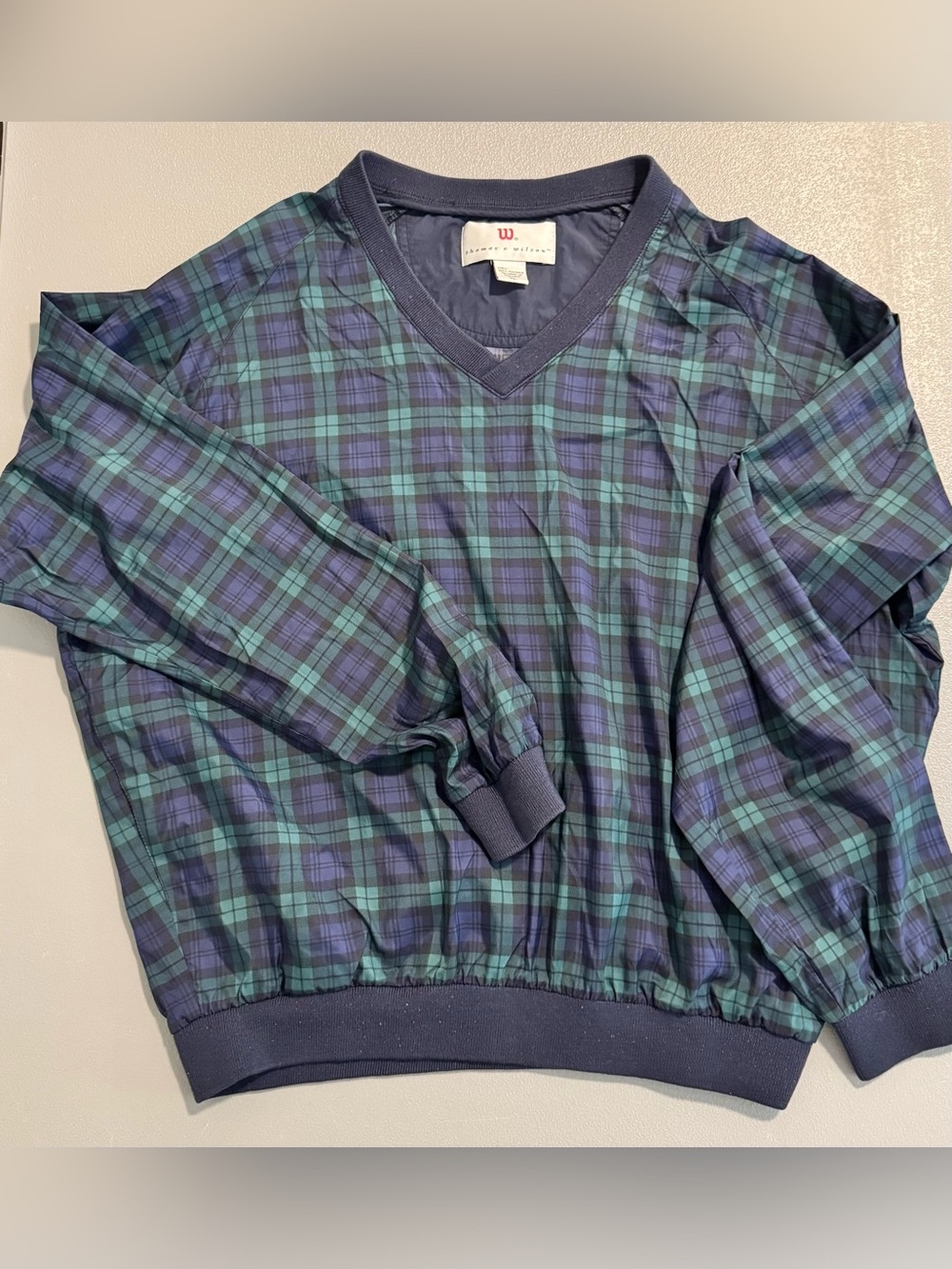 VTG Wilson Green Navy Plaid Embroidered Golf Lightweight V Neck Shirt Jacket XL